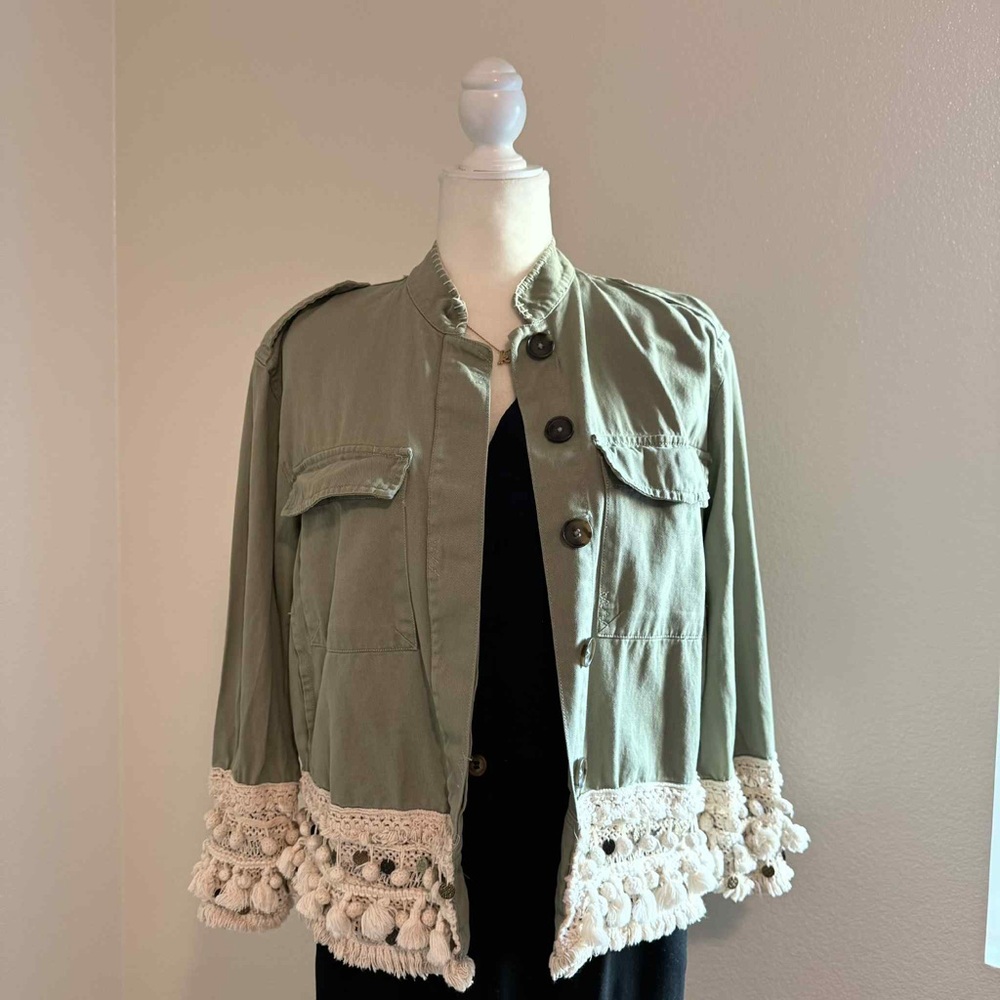 Zara Olive Utility Jacket with Cream Fringe